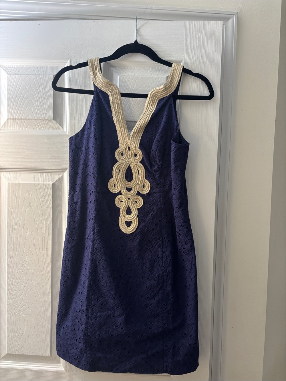 Lilly Pulitzer Navy Eyelet Mini Dress with Gold Trim